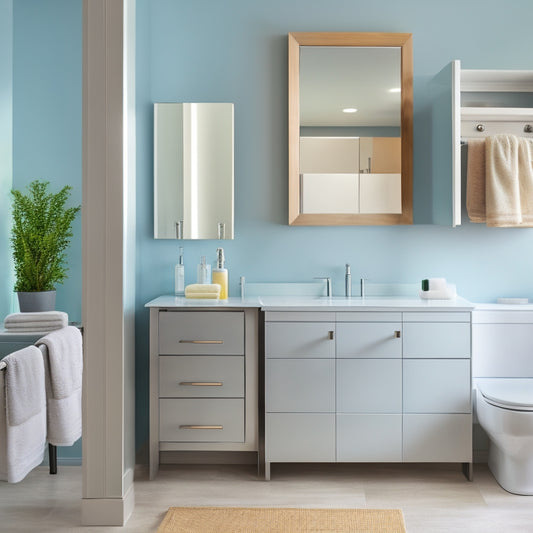 A tidy, modern bathroom with a sleek countertop, featuring a wall-mounted cabinet with mirrored doors, a decorative storage bin, and a tiered countertop organizer with rolled towels and small toiletries.