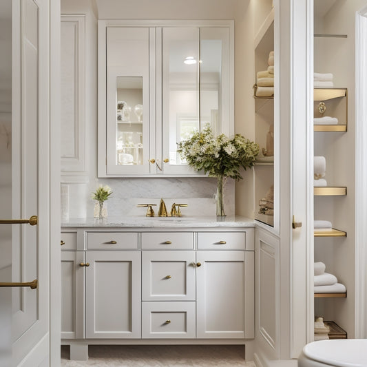 A partially open bathroom cabinet door reveals a refurbished interior with soft-close drawers, glass shelves, and a sleek, gray quartz countertop, surrounded by elegant, cream-colored walls and warm, golden lighting.