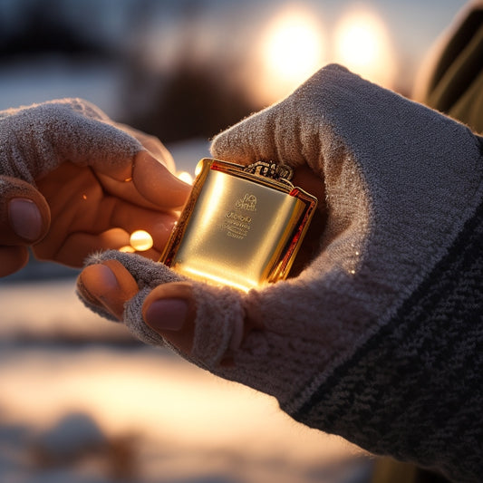 A close-up of a pair of gloved hands cradling a small, silver Zippo hand warmer, emitting a warm, golden glow, set against a cold, snowy winter background.
