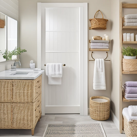 A serene, well-lit bathroom with white walls and light gray flooring, featuring a wall-mounted, recessed shelving unit with four woven baskets in natural fiber hues, holding rolled towels and toiletries.