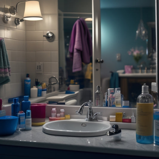 A cluttered bathroom scene with toys, towels, and toiletries scattered everywhere, a dripping faucet, and a foggy mirror reflecting a blurred, frazzled parent in the background.