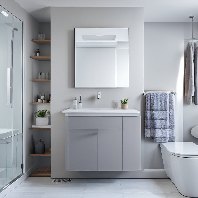 A sleek, modern bathroom with a wall-mounted sink featuring a recessed medicine cabinet above, a slide-out drawer below, and a minimalist shelf on the side, surrounded by calming gray and white tones.