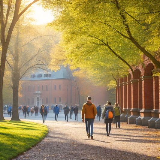 A scenic autumn morning at the New York Institute campus, with warm sunlight casting long shadows across the quadrangle, surrounded by historic brick buildings, lush greenery, and students walking with backpacks.