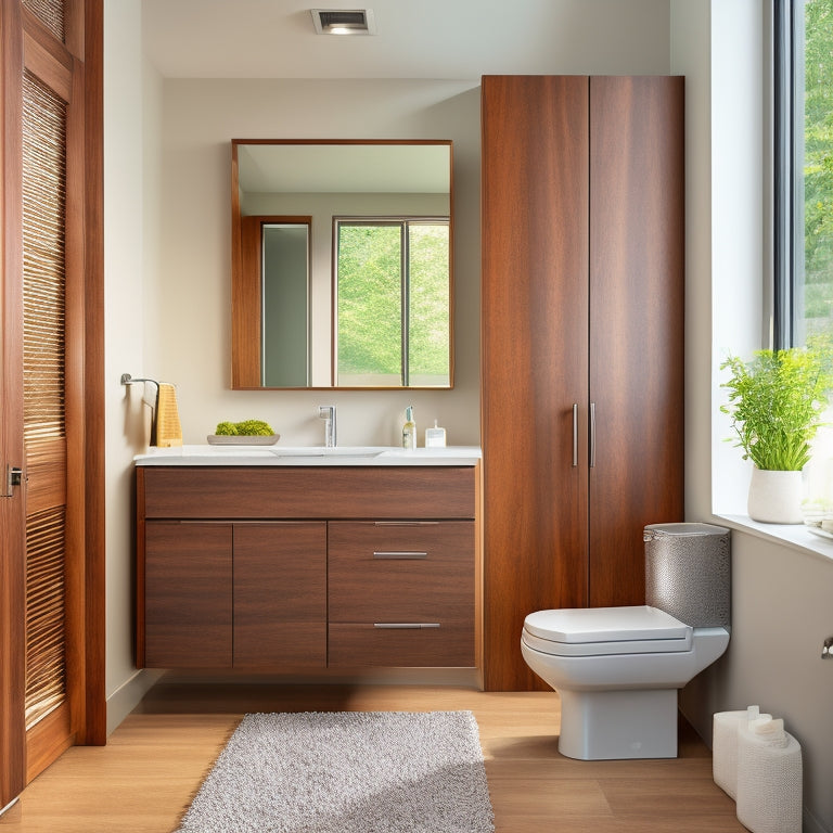 A modern bathroom with a large, wall-mounted wooden cabinet in a rich walnut finish, adorned with sleek chrome handles, above a minimalist sink and a spacious, cream-colored countertop.