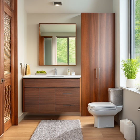 A modern bathroom with a large, wall-mounted wooden cabinet in a rich walnut finish, adorned with sleek chrome handles, above a minimalist sink and a spacious, cream-colored countertop.