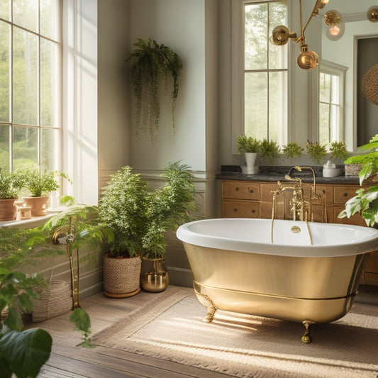 A serene bathroom with a freestanding tub, surrounded by lush greenery, and adorned with warm golden lighting, featuring a mix of modern and vintage decorative accents in a calming blend of whites and earth tones.