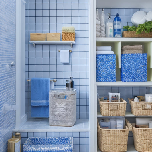 A clutter-free bathroom with a large family's worth of toiletries organized into labeled baskets, stacked crates, and a pegboard with hanging accessories, set against a calming blue and white tile backdrop.