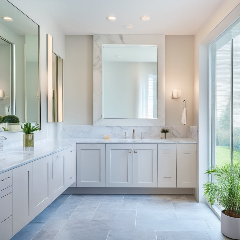 A sleek, modern bathroom featuring floor-to-ceiling white wall cabinets with minimalist hardware, paired with a freestanding tub, gray marble countertops, and a large, frameless mirror.