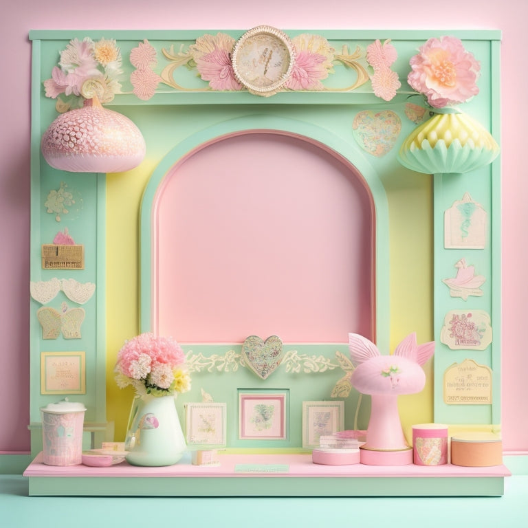 A whimsical, pastel-hued illustration featuring a sprawling, layered backdrop of printables, including colorful papers, washi tapes, stickers, and die-cut shapes, all bursting out of a vintage-inspired, ornate picture frame.