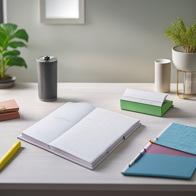 A minimalist desk with a sleek, open planner, colorful pens, and a few strategically placed sticky notes, surrounded by a peaceful, blurred-out background with subtle hints of nature.