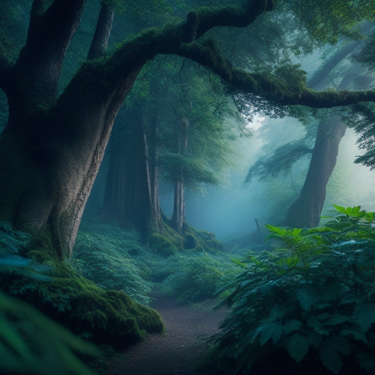 A serene, misty forest with a subtle, shimmering glow, featuring a majestic, ancient tree at its center, surrounded by lush greenery, vines, and exotic flowers in shades of emerald and sapphire.