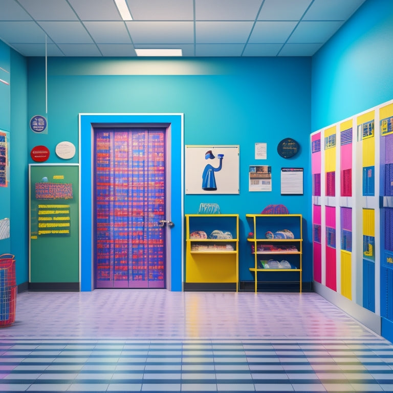 A colorful illustration of a school hallway with multiple signs on the wall, each with a unique design, shape, and color, showcasing customization options, surrounded by lockers, backpacks, and subtle chalkboard textures.