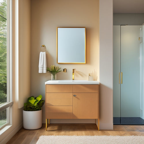 A sleek, modern bathroom with a wall-mounted cabinet featuring three soft-close drawers in various sizes, surrounded by a calm color palette and minimal decor, with a subtle natural light glow.