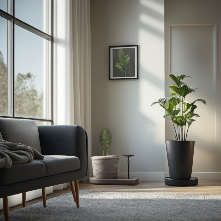 A minimalist, modern living room with a few, thoughtfully placed gifts: a potted plant, a framed experience voucher, and a donation certificate, surrounded by ample negative space and warm, natural light.