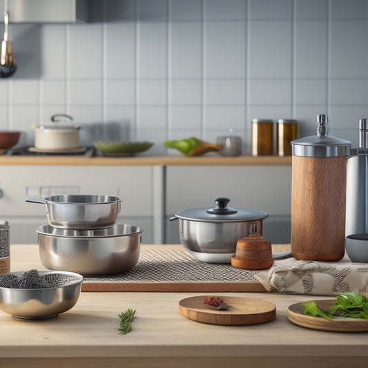 A tidy kitchen countertop with a few sleek, modern organizers in stainless steel and wood tones, holding utensils, spices, and oils, amidst a calm, neutral-colored background.