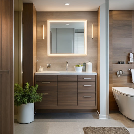 A bathroom with sleek, modern fixtures, featuring a corner with a curved, floor-to-ceiling drawer system, with multiple, soft-close drawers in a warm, wood-grain finish, illuminated by soft, ambient lighting.