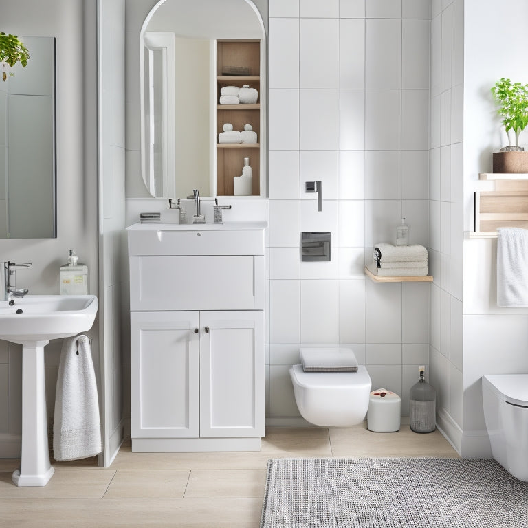 A tidy, modern small bathroom with a wall-mounted cabinet, a pedestal sink with a slide-out drawer, a recessed medicine cabinet, and a shower caddy with tiered storage.