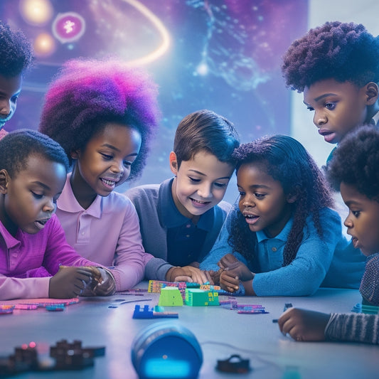 A vibrant, futuristic classroom scene with students of diverse ages and abilities gathered around interactive whiteboards, virtual reality headsets, and robot companions, surrounded by swirling clouds of colorful coding blocks and glowing circuits.