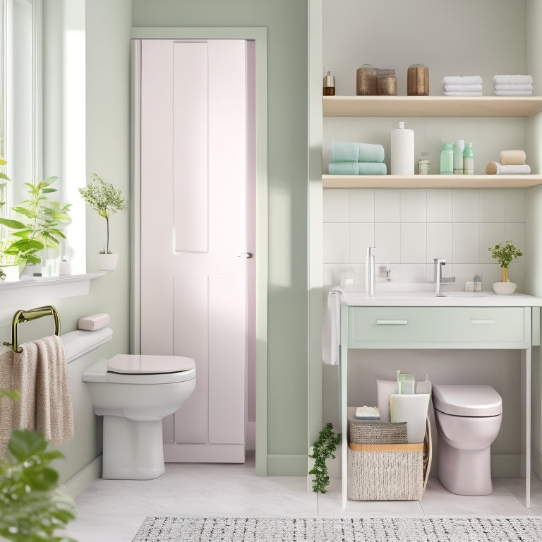 A compact bathroom featuring sleek, wall-mounted organizers in soft pastel colors, neatly holding toiletries, towels, and decor. Natural light streams in, highlighting the organized space and creating a serene, functional atmosphere.