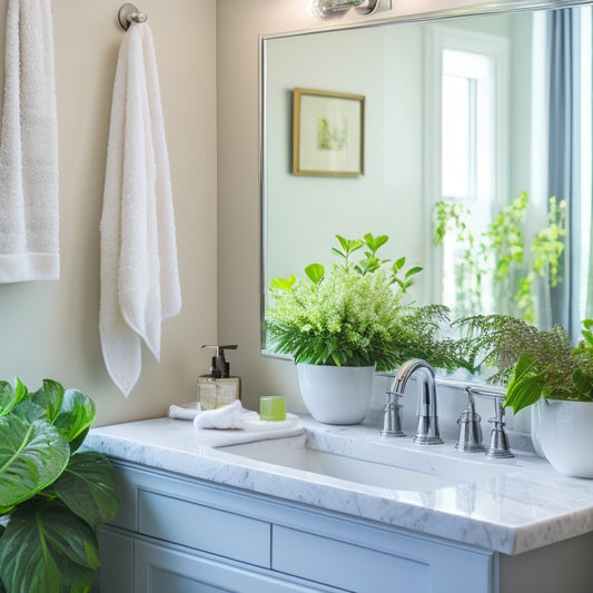 A sparkling clean master bathroom with a spotless white sink, a gleaming chrome faucet, and a mirror streak-free and fog-free, surrounded by fluffy white towels and a few green plants.