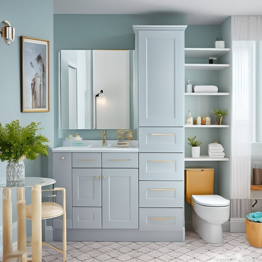 A bright, modern bathroom with a wall-mounted cabinet featuring a mirrored door, a recessed shelving unit, and a pedestal sink with a slide-out storage drawer underneath.