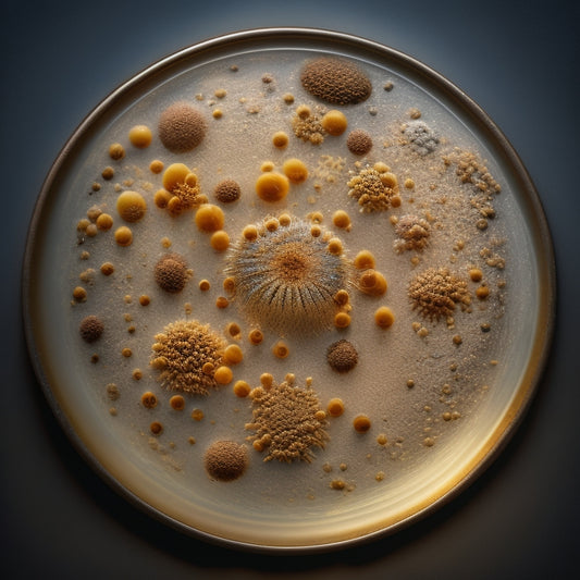 A macroscopic, high-contrast image of a petri dish containing a glob of phlegm, illuminated by a soft, golden light, with visible fibers, streaks, and clusters of varying colors and textures.