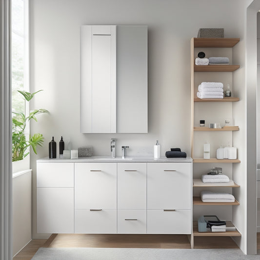 A sleek, modern bathroom with a large, wall-mounted organizer unit featuring multiple shelves, cabinets, and hooks, surrounded by clean lines, minimal decor, and a soft, natural light glow.