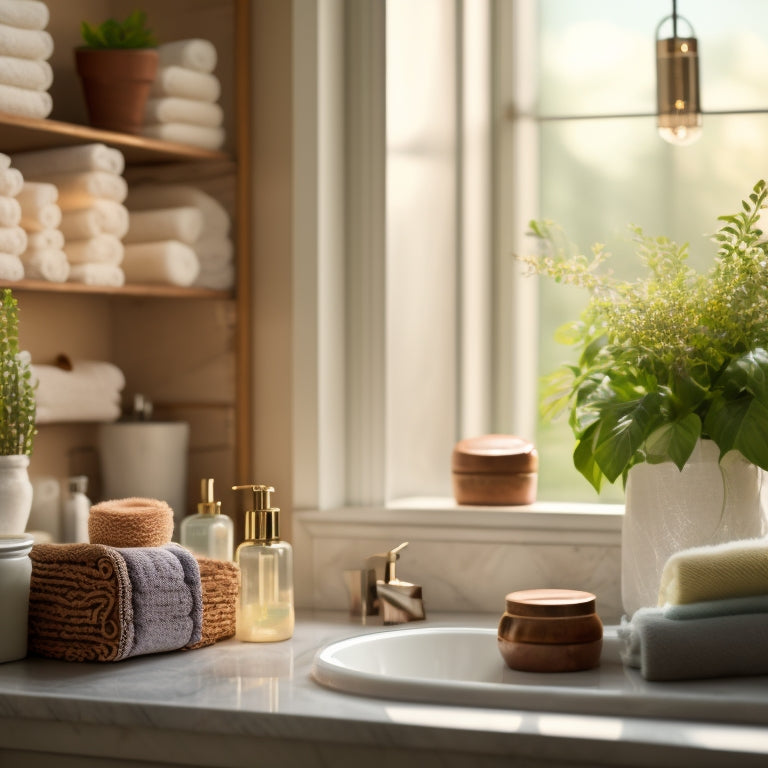 A stylish bathroom scene featuring elegant open shelving, adorned with neatly arranged towels, decorative jars, potted plants, and artisanal soap, all beautifully lit by natural light streaming through a frosted window.