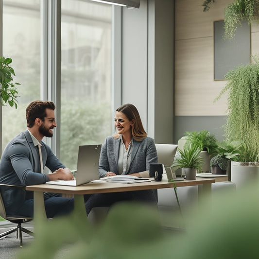 A serene, modern office space with a warm beige tone, featuring a smiling customer sitting across from a friendly expert, both surrounded by laptops and papers, surrounded by soothing green plants.