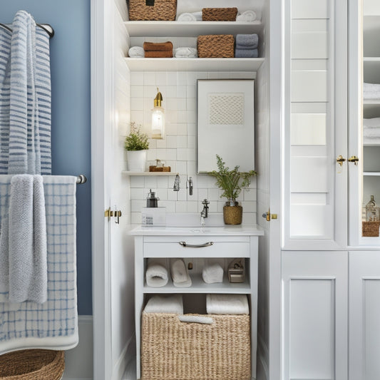 A tidy, compact bathroom closet with a pedestal sink, glass shelves, and a mirrored cabinet, featuring a woven basket, tiered storage units, and hanging organizers maximizing vertical space.