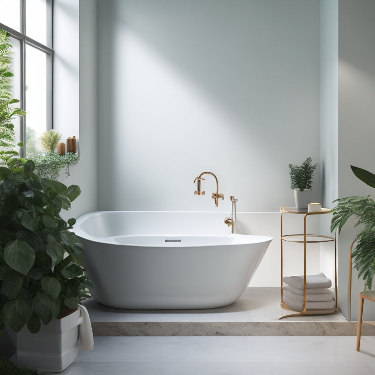 A serene, minimalist bathroom with a freestanding tub, wall-mounted sink, and a few, carefully placed, lush green plants, surrounded by sleek, marble surfaces and ample natural light.