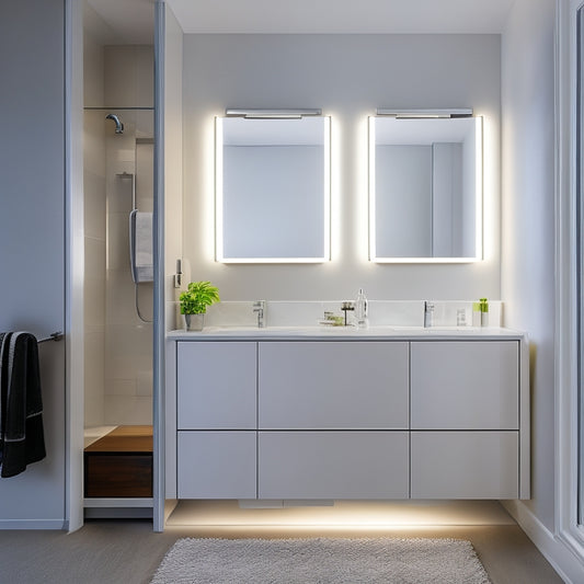 A well-lit, modern bathroom with a sleek, wall-mounted cabinet featuring soft-close drawers, adjustable shelves, and a built-in LED mirror, surrounded by a crisp, white countertop and minimalist decor.