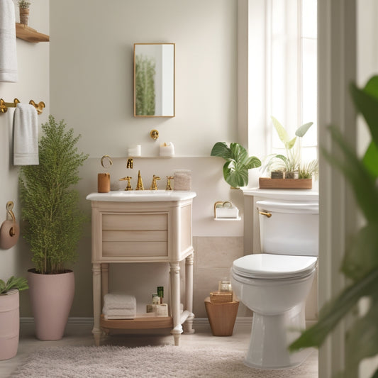 A serene bathroom scene showcasing a stylish over-the-toilet organizer filled with neatly arranged toiletries, plants, and decorative baskets, against a backdrop of soft pastel walls and a sparkling clean toilet.