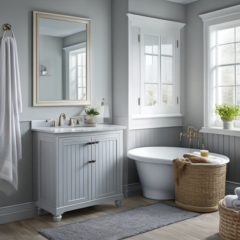 A serene, well-lit bathroom with a wall-mounted cabinet, a freestanding tub, and a spacious countertop featuring a decorative vase, a few rolled towels, and a few strategically placed baskets in a calming, monochromatic color scheme.