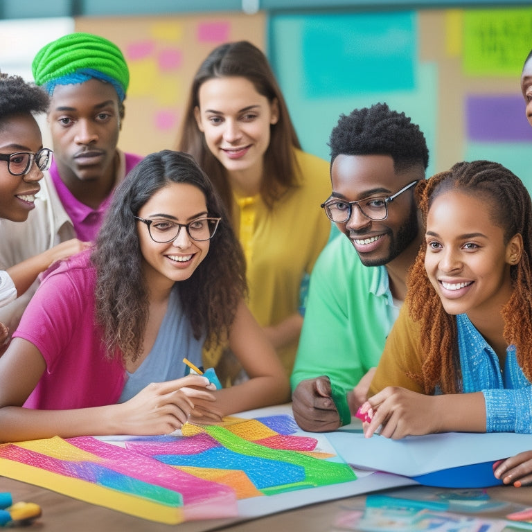 A vibrant, colorful illustration of a diverse group of students from different cultural backgrounds gathered around a large, blank whiteboard, surrounded by colorful markers, sticky notes, and mind maps in progress.