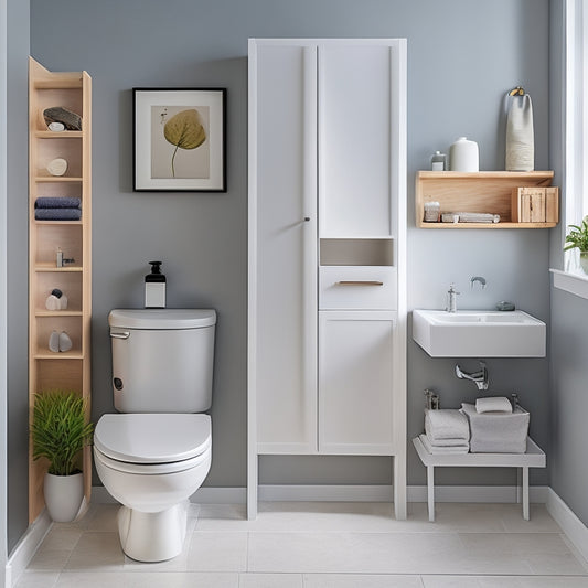 A small, modern bathroom with white walls and a compact toilet, featuring a sleek, wall-mounted storage unit with three drawers and a shelf, holding toilet paper, towels, and bathroom accessories.