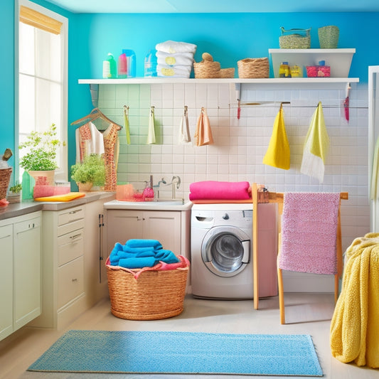 A bright, airy laundry room with a few neatly folded clothes on a shelf, a few free printables pinned to a corkboard, and a few colorful laundry supplies on a nearby table.