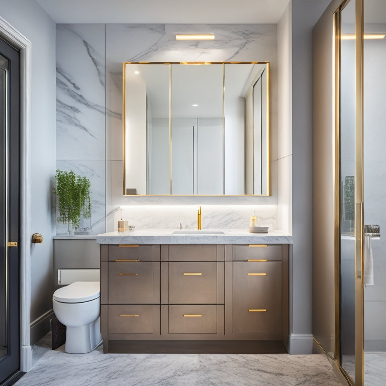 A sleek, modern bathroom with a large, wall-mounted medicine cabinet featuring a mirrored door, soft-close drawers, and ambient LED lighting, surrounded by marble countertops and a freestanding tub.