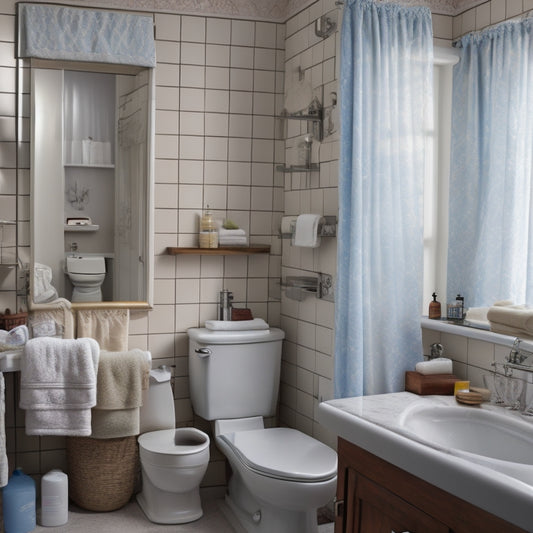 A cluttered small bathroom with a pedestal sink, toilet, and shower curtain, featuring a messy counter with toiletries, towels, and a small cabinet with open doors revealing cluttered shelves.