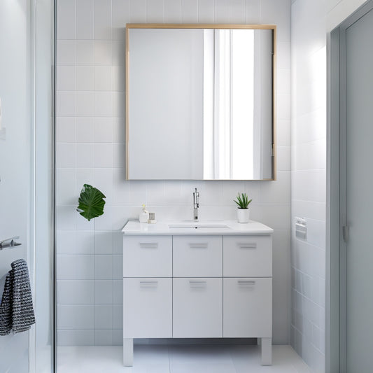 A modern bathroom with a sleek, white wall-mounted cabinet featuring soft-close doors, above a floating sink and a minimalist faucet, surrounded by neutral-colored tiles and a large mirror.