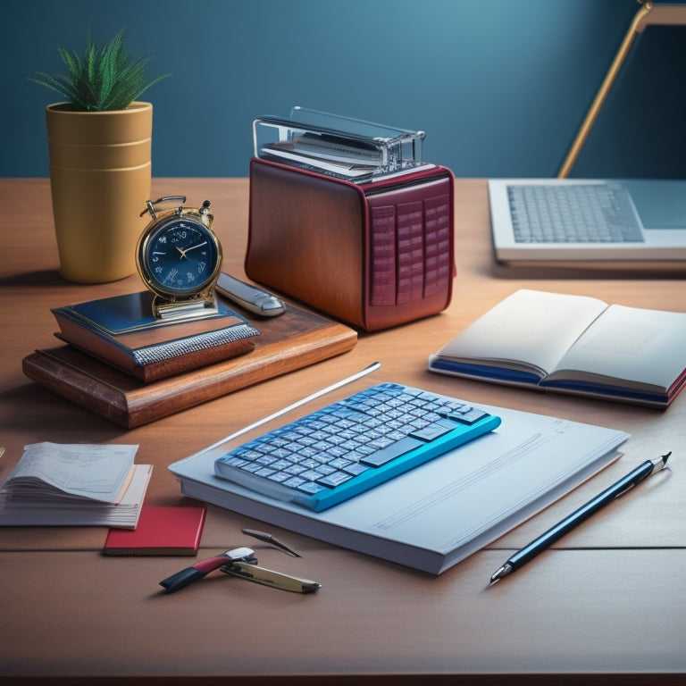 An illustration of a split desk, with a calculator, briefcase, and clock on one side, and a stack of notebooks, pens, and a stapler on the other, with a subtle background gradient.