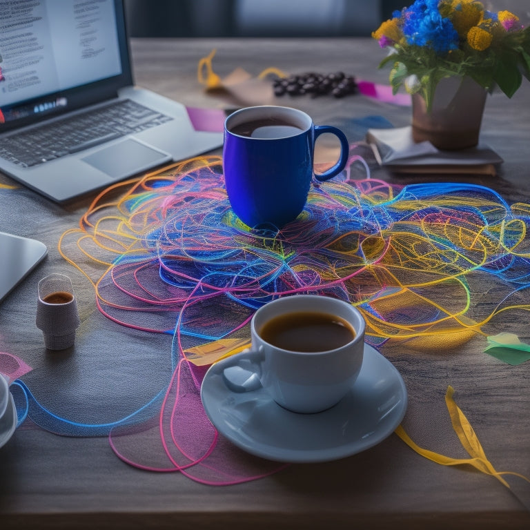 A vibrant, swirling mind map with colorful nodes and curved lines, radiating from a central idea, surrounded by scattered sticky notes, coffee cups, and a blurred-out laptop in the background.