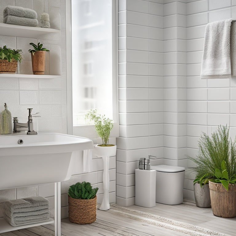 A serene, white-tiled bathroom with two wooden corner shelves, each holding a few rolled towels, a decorative vase, and a small potted plant, against a soft, natural light background.