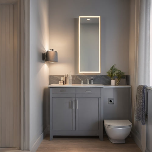 A serene, dimly lit small bathroom with a sleek, wall-mounted vanity cabinet in a soft gray finish, surrounded by gleaming chrome fixtures and a minimalist mirror.