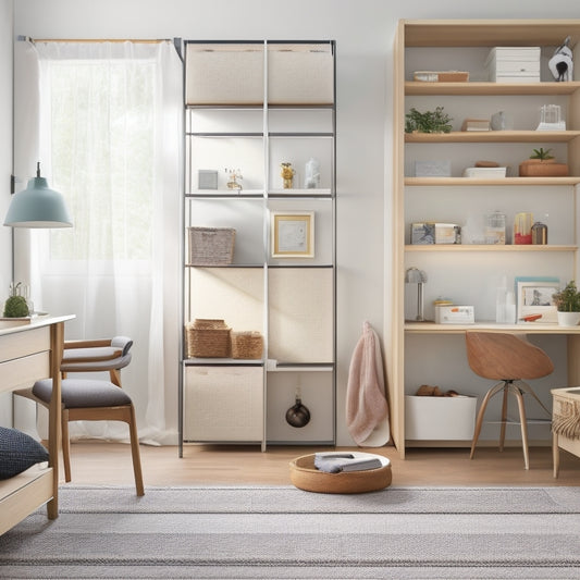 A clutter-free, minimalist room with a Murphy bed, foldable desk, and shelves with baskets, alongside a pegboard with hanging baskets and a compact storage ottoman, surrounded by soft, natural light.