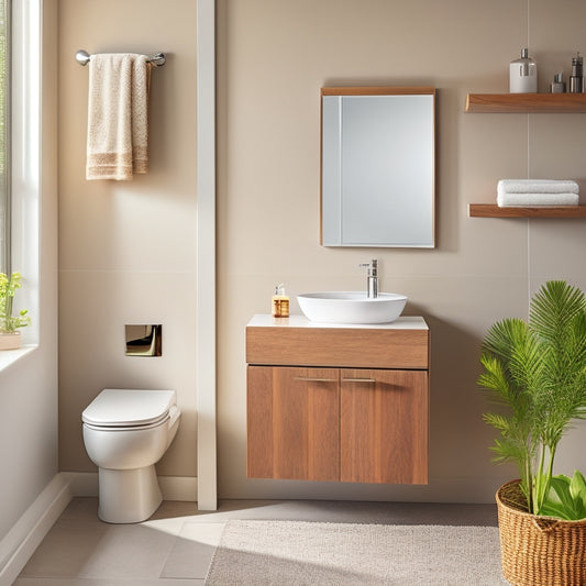 Create an image showcasing sleek, multifunctional bathroom furniture in a contemporary setting. Include a compact vanity with hidden storage, a wall-mounted sink, and a foldable stool, all in soft, neutral tones.