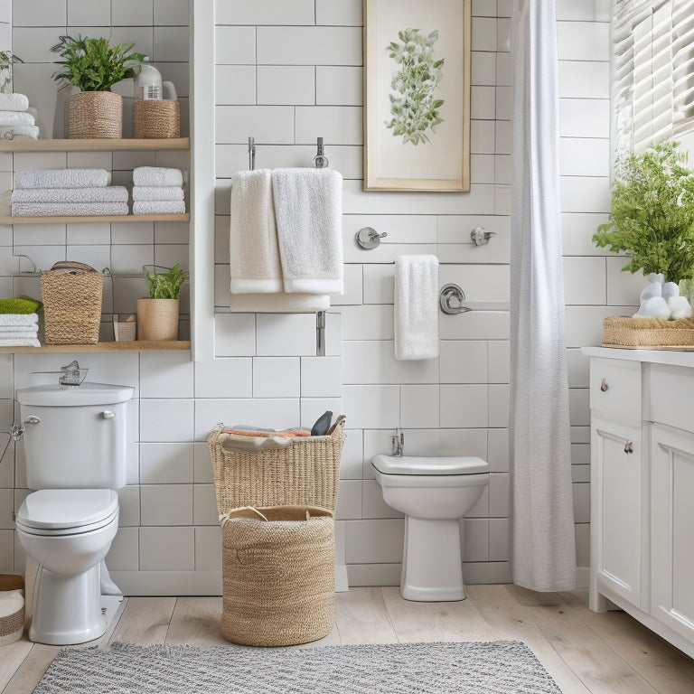 A clutter-free small bathroom with a pedestal sink, a toilet, and a shower, showcasing a over-the-toilet storage unit, a woven basket on a shelf, and a decorative ladder holding towels.