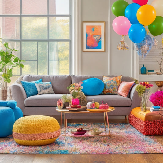 A vibrant and clutter-free living room with a mix of discounted home goods, including a plush area rug, a stylish coffee table, and a few decorative vases, all surrounded by colorful balloons and confetti.