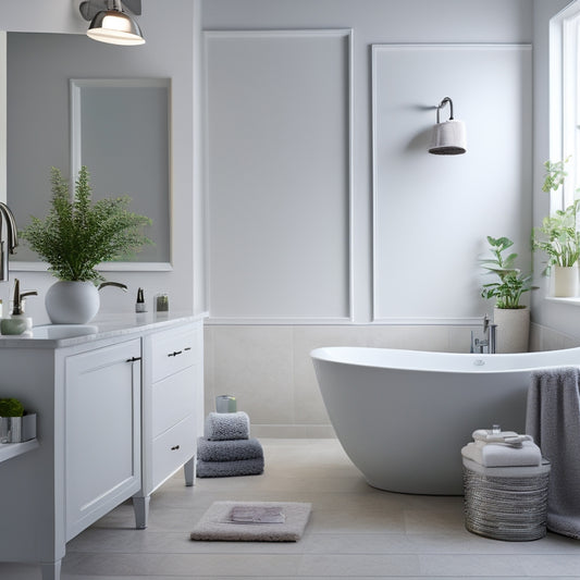 A serene bathroom with soft, white lighting features three recessed wall shelves, each holding a few rolled towels, a decorative vase, and a candle, surrounded by minimalist tiling and a freestanding tub.