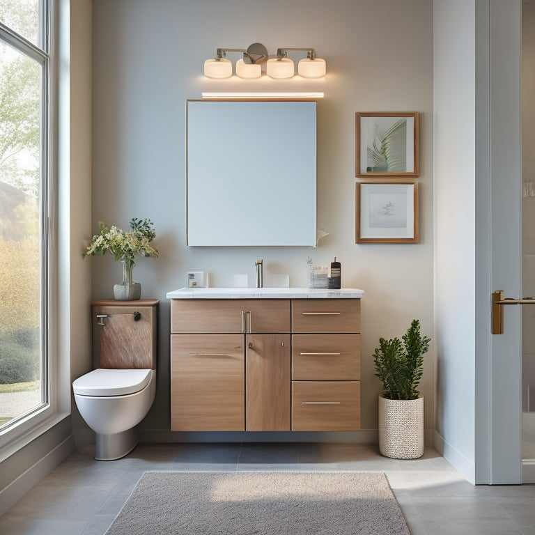 A modern bathroom with a pedestal sink vanity cabinet featuring soft-close drawers, rounded edges, and a wall-mounted design, surrounded by sleek flooring, a large mirror, and a minimalist light fixture.